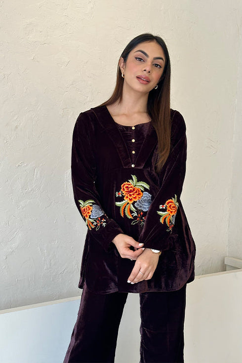 Brown Embroidered Velvet Fusion Set